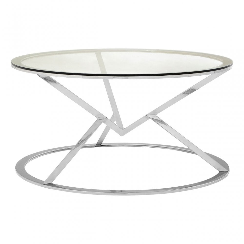 Enrich Corseted Round Silver Coffee Table, Stainless Steel, Glass, Silver