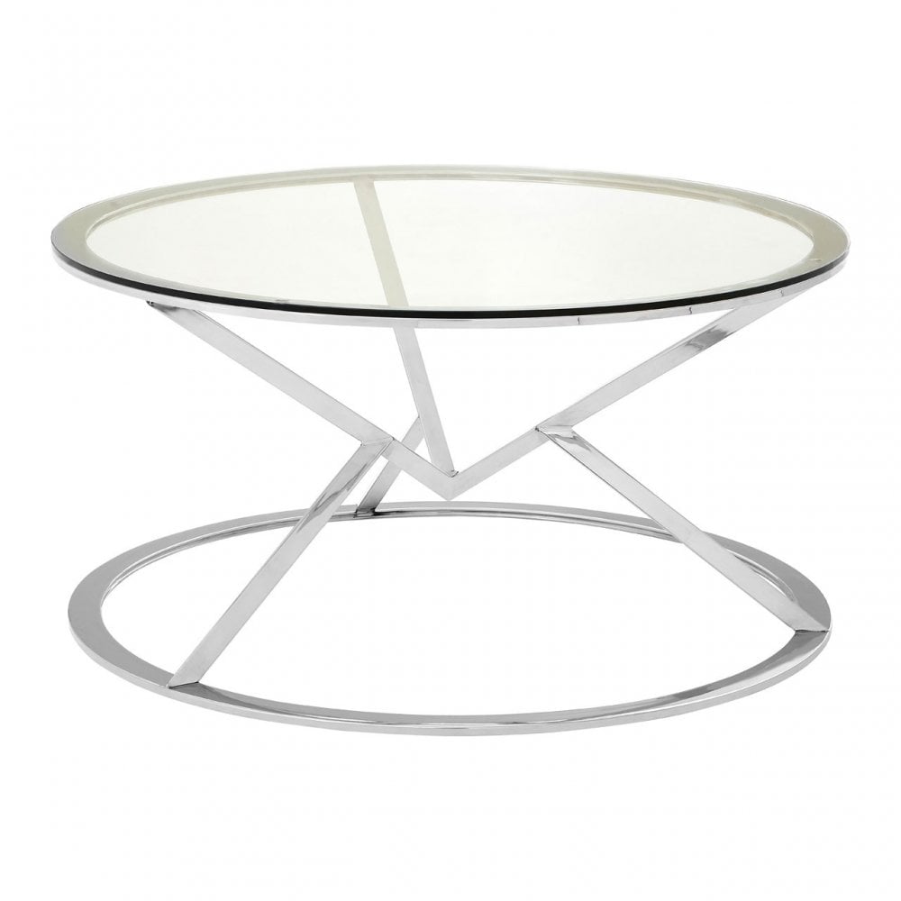 Enrich Corseted Round Silver Coffee Table, Stainless Steel, Glass, Silver