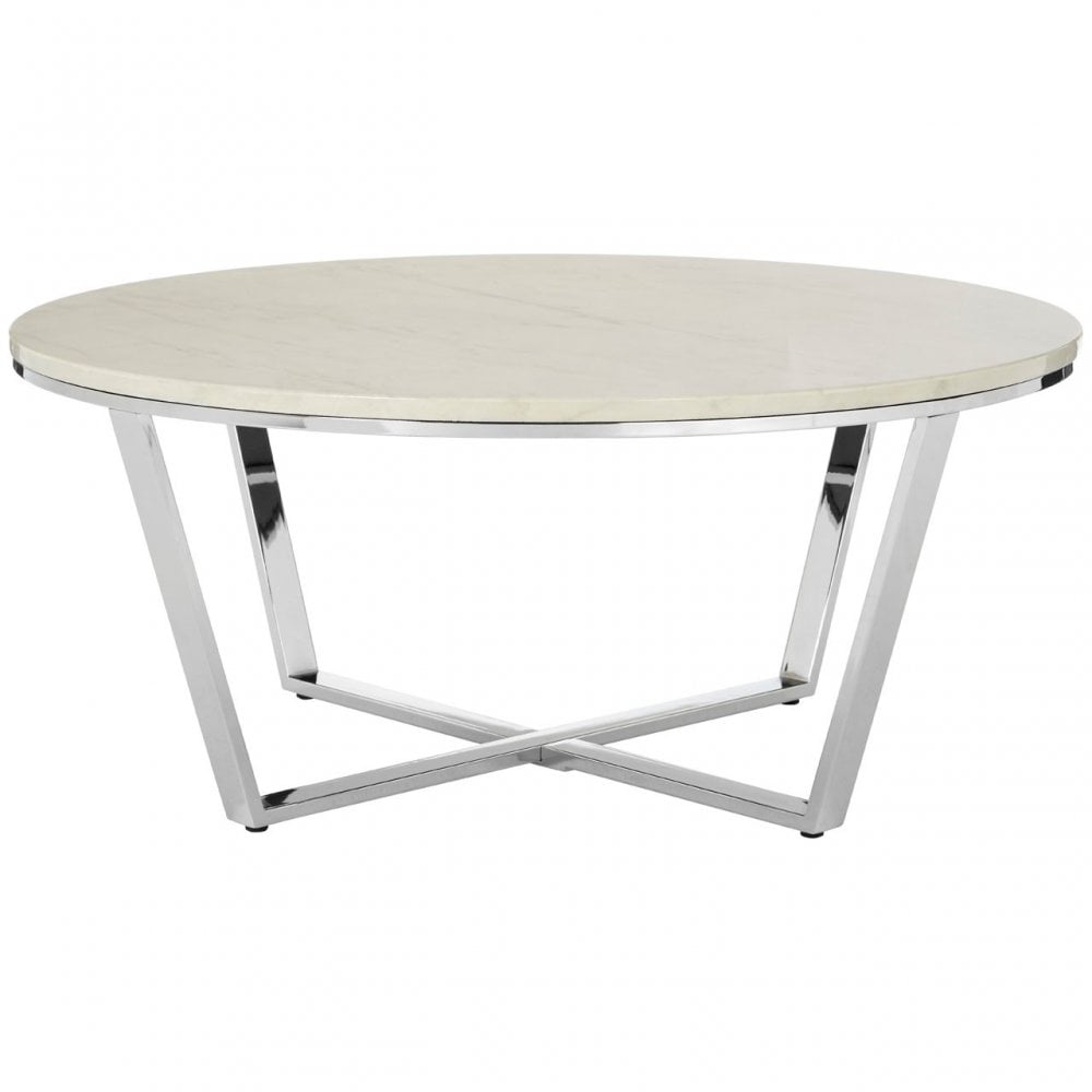 Enrich Round White Faux Marble Coffee Table, Wood, Paper, Silver