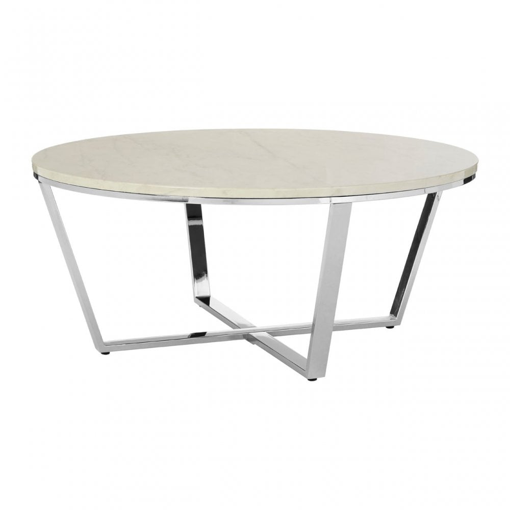 Enrich Round White Faux Marble Coffee Table, Wood, Paper, Silver