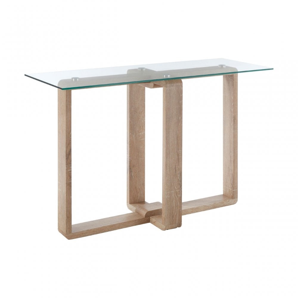 Barton Console Table, Wood, Tempered Glass, Natural