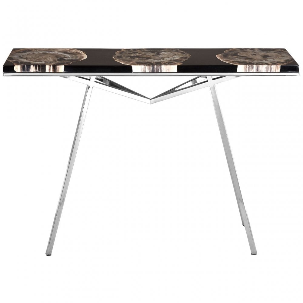 Artefacto Black Resin / Silver Legs Console Table, Petrified Wood, Stainless Steel, Black