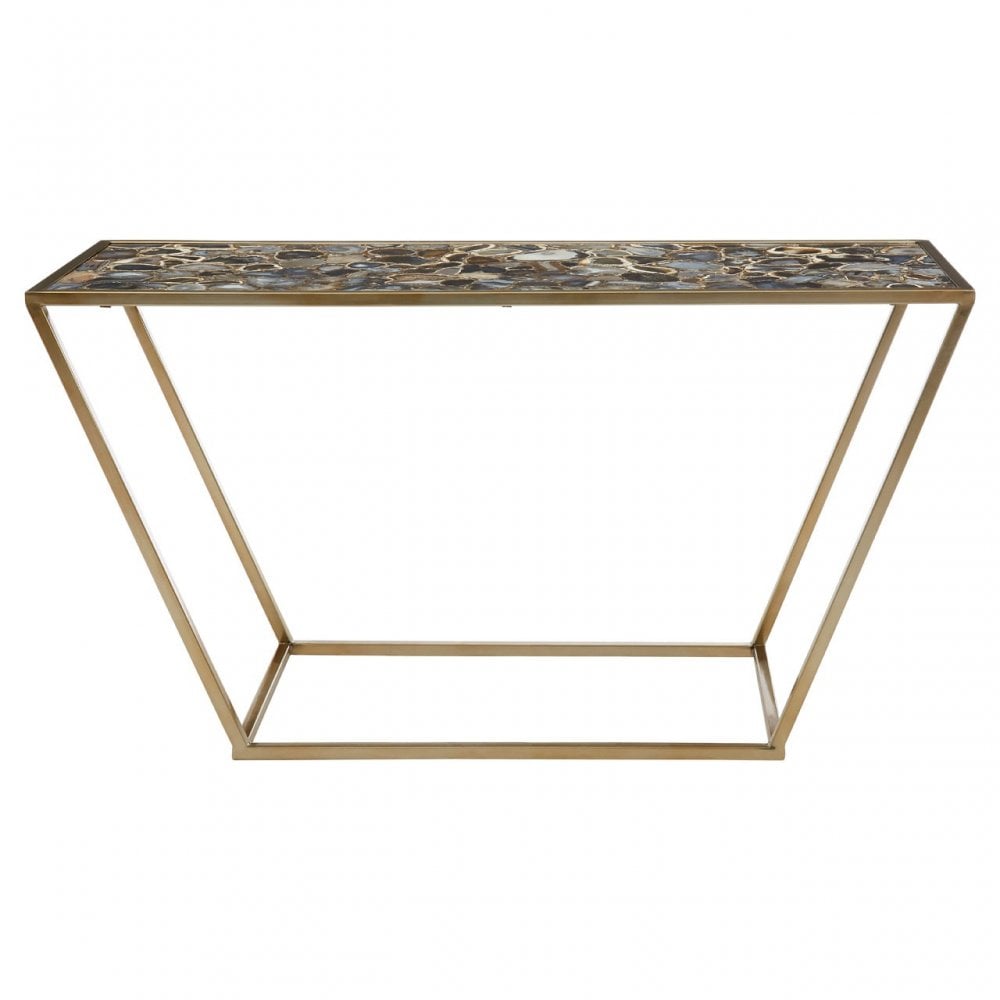 Vita Console Table with Black Agate Top, Steel, Stone, Gold