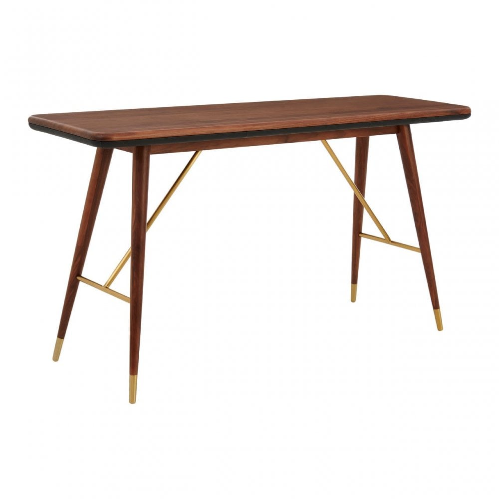 Kenso Console Table, Brass, Leather, Walnut Wood, Brass