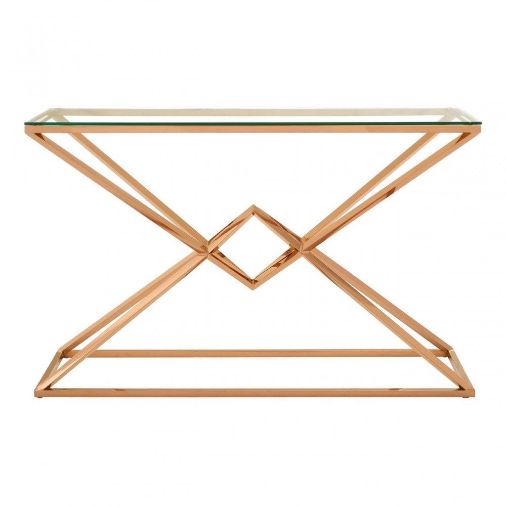 Enrich Corseted Rose Gold Console Table, Stainless Steel, Glass, Rose Gold