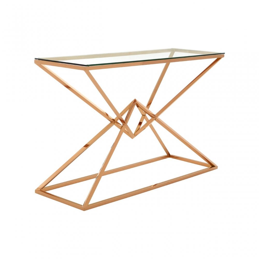 Enrich Corseted Rose Gold Console Table, Stainless Steel, Glass, Rose Gold