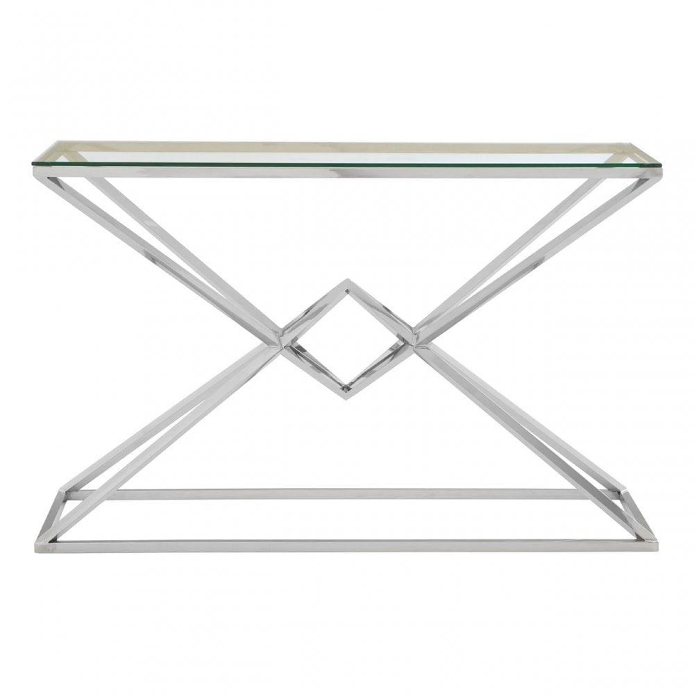 Enrich Corseted Silver Console Table, Stainless Steel, Glass, Silver