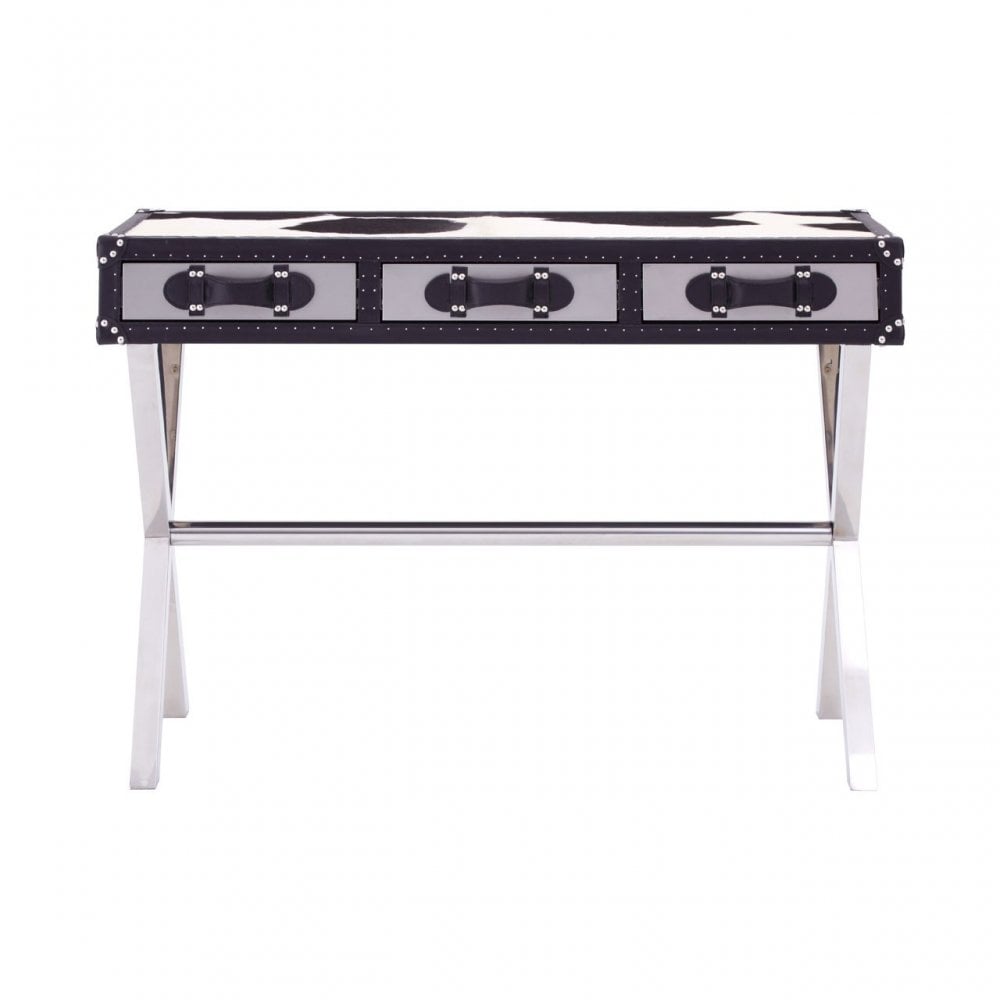 Black / White Genuine Cowhide Console Table, Cowhide, Stainless Steel, Black