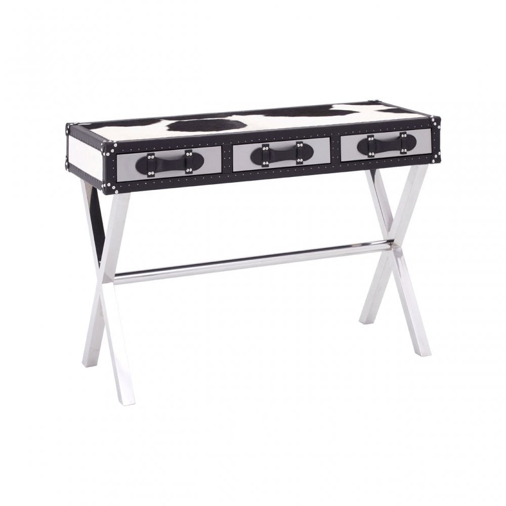 Black / White Genuine Cowhide Console Table, Cowhide, Stainless Steel, Black