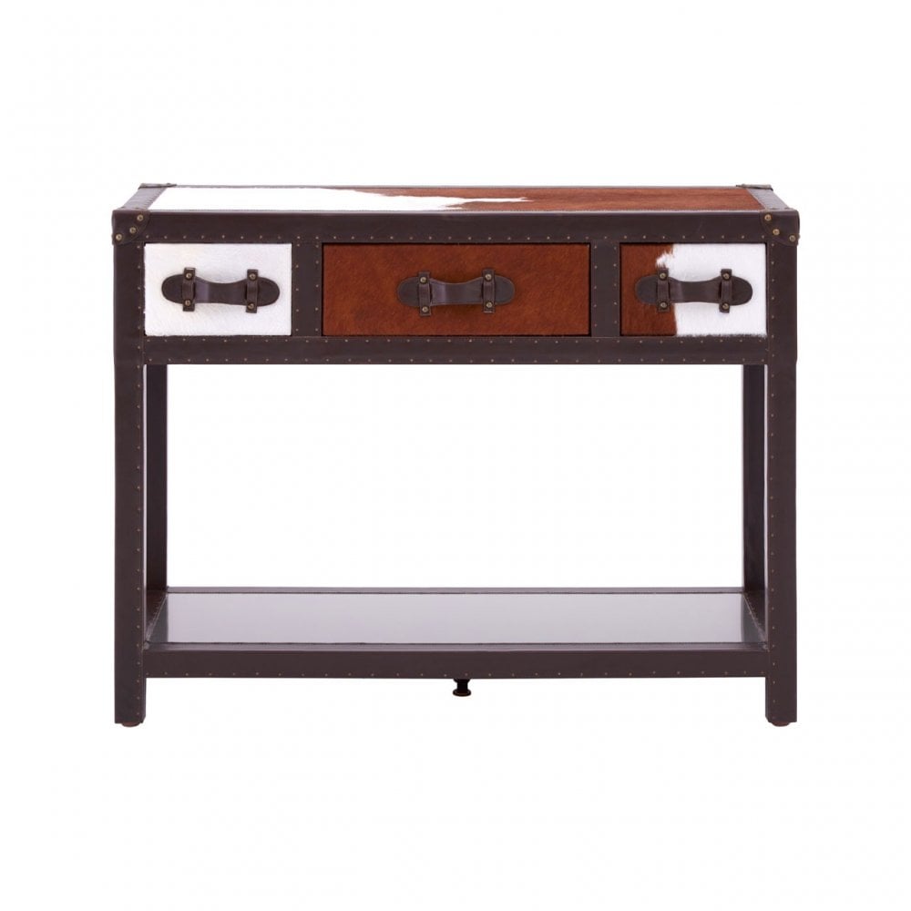 Brown / White Genuine Cowhide 3 Drawer Table, Cowhide, Stainless Steel, Brown