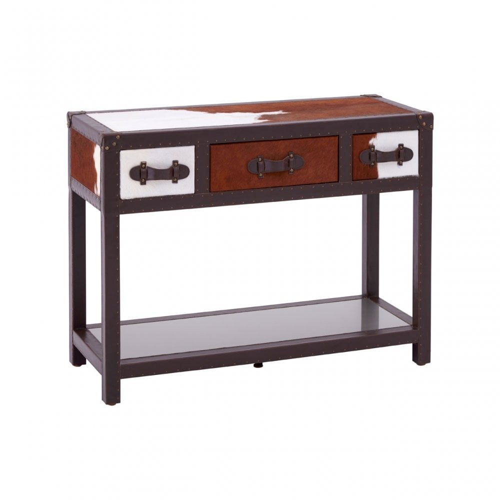 Brown / White Genuine Cowhide 3 Drawer Table, Cowhide, Stainless Steel, Brown