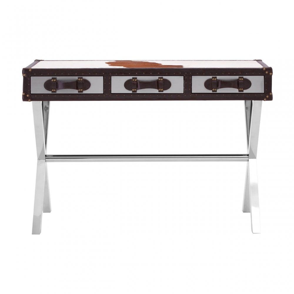 Brown / White Genuine Cowhide Console Table, Cowhide, Stainless Steel, Brown