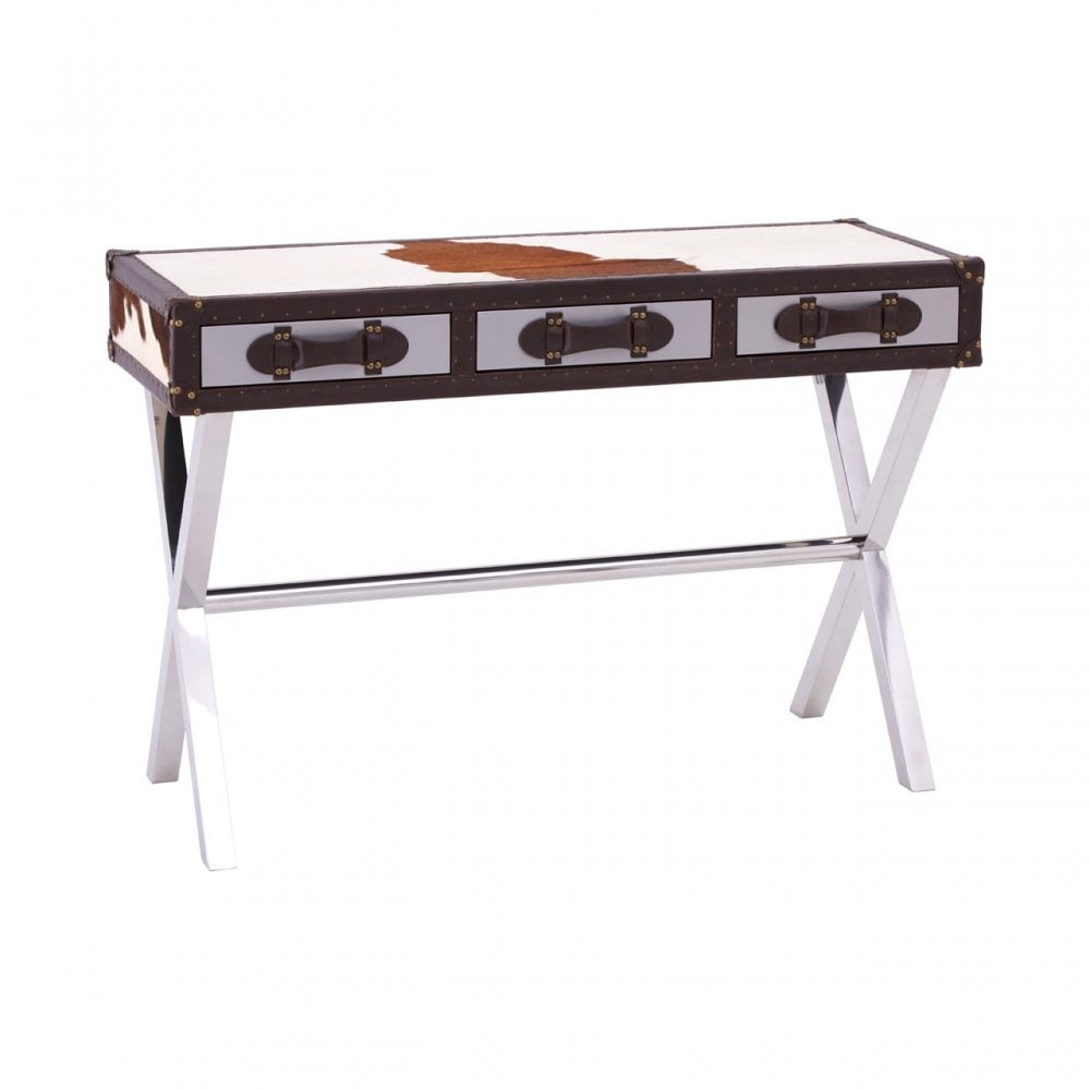 Brown / White Genuine Cowhide Console Table, Cowhide, Stainless Steel, Brown