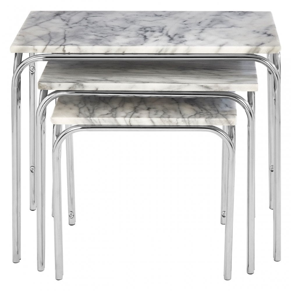 Nest of 3 Tables with Chrome Base, Marble, White