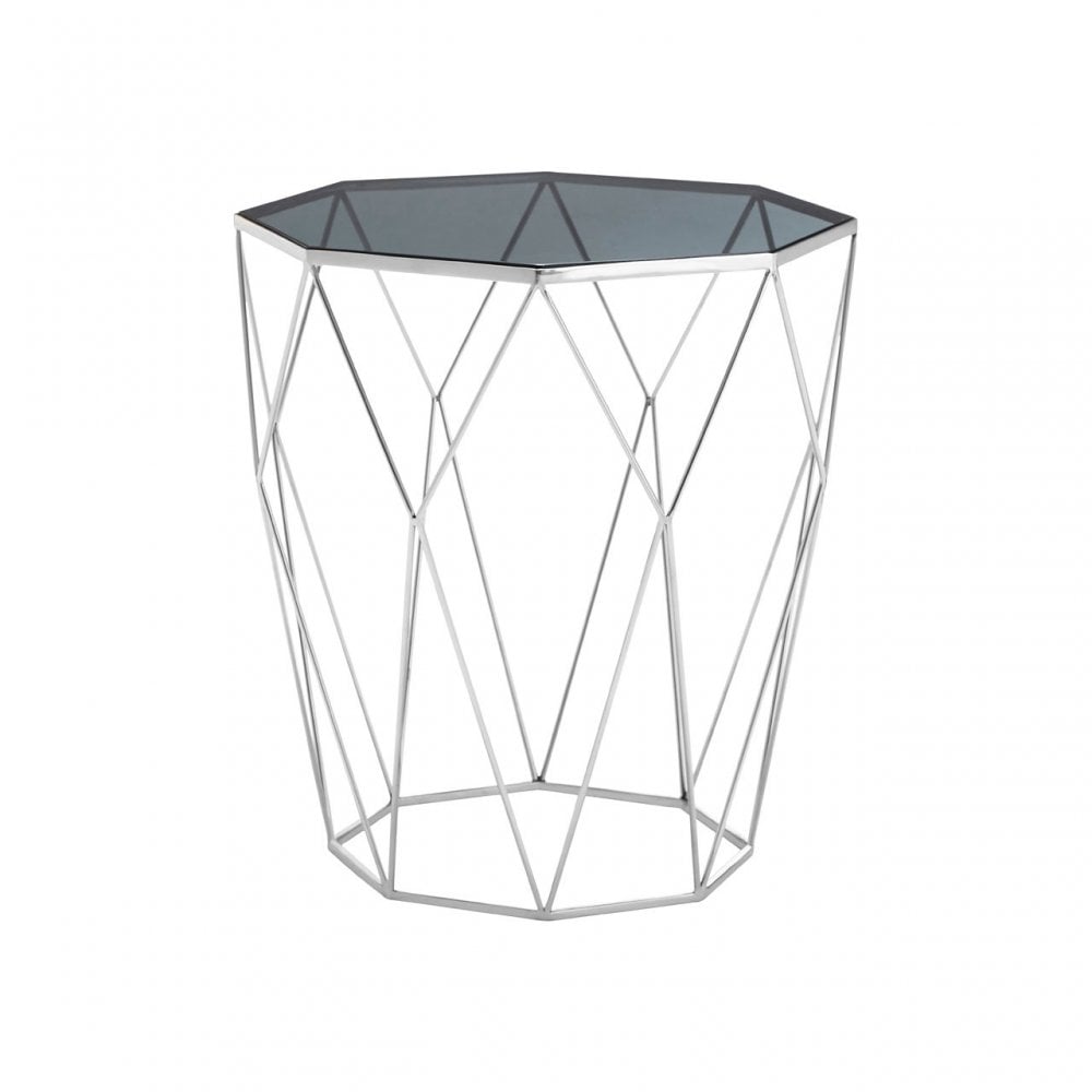 Gianna Octagonal Silver Side Table, Stainless Steel, Glass, Black