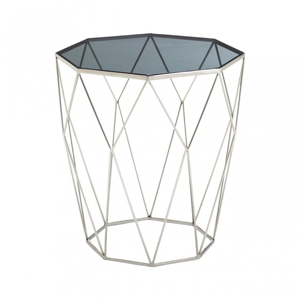 Gianna Octagonal Silver Side Table, Stainless Steel, Glass, Black