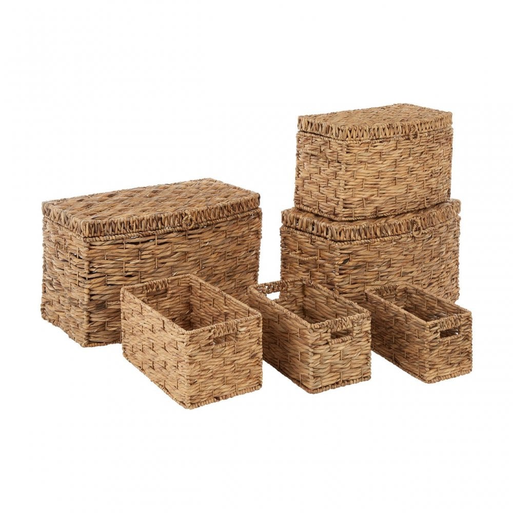 Brown Washed Storage Baskets Set of 6. Iron, Water Hyacinth, Natural