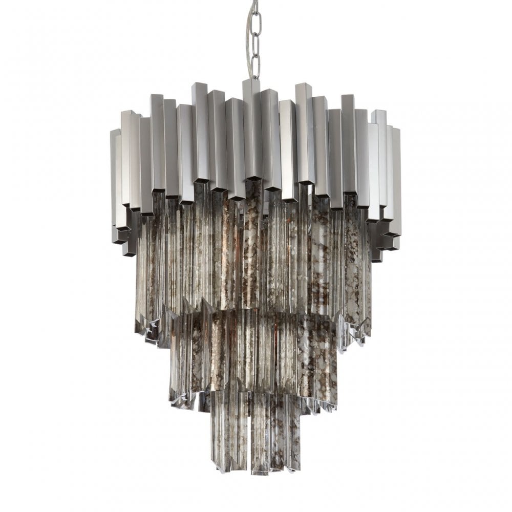 Lustra Large Nickel Painted Chandelier, Iron, Mirrored Glass, Silver