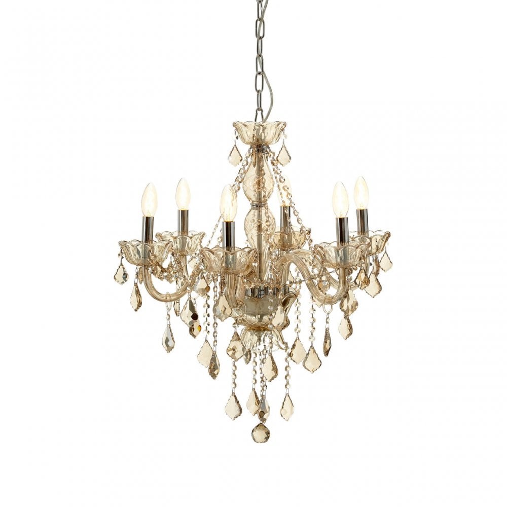 Murano 8 Bulb Chrome / Cognac Glass Chandelier, Chrome, Glass, Iron, K9 Crystal, Silver