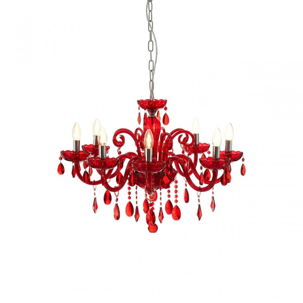 Murano Chrome and Red Crystal Glass Chandelier, Chrome, Glass, Iron, K9 Crystal, Red