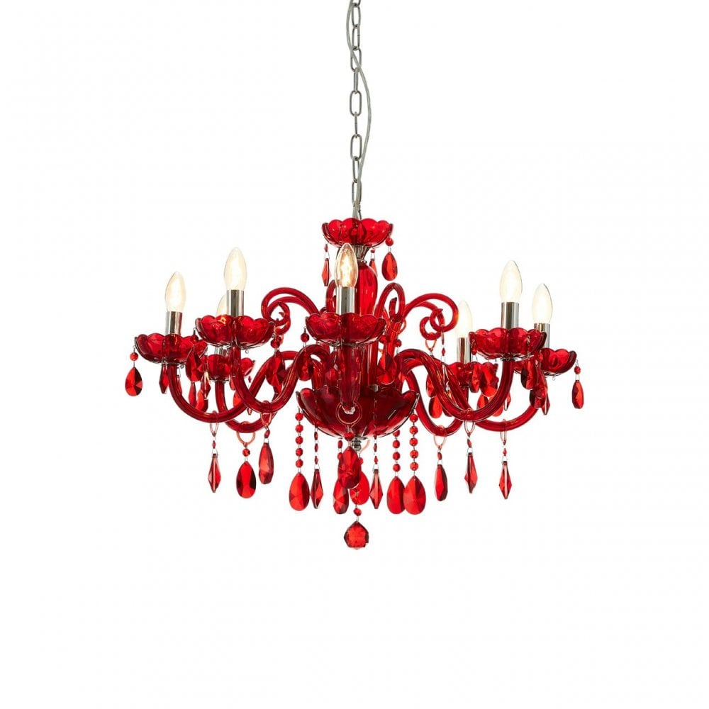 Murano Chrome and Red Crystal Glass Chandelier, Chrome, Glass, Iron, K9 Crystal, Red