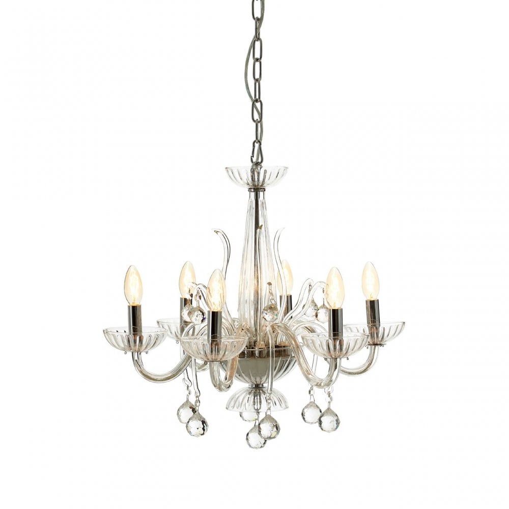 Murano 6 Bulb Clear Crystal Chandelier, Chrome, Glass, Iron, K9 Crystal, Clear