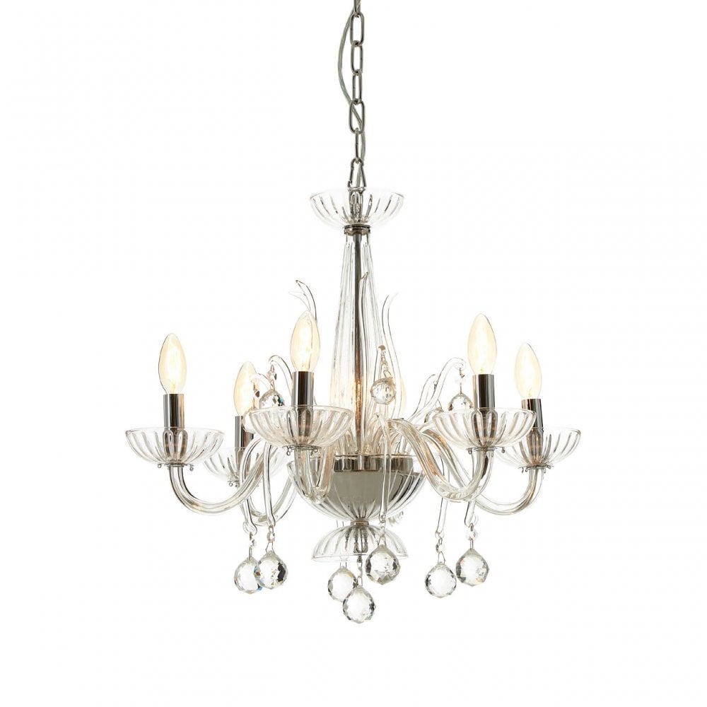 Murano 6 Bulb Clear Crystal Chandelier, Chrome, Glass, Iron, K9 Crystal, Clear