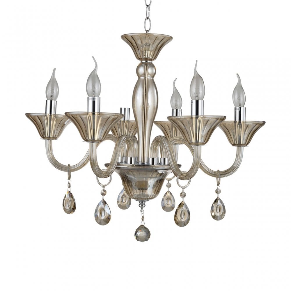 Murano 6 Bulb Cognac Crystal Chandelier, Chrome, Glass, Iron, K9 Crystal