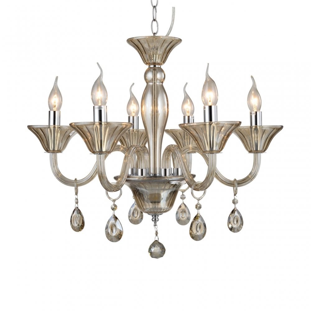 Murano 6 Bulb Cognac Crystal Chandelier, Chrome, Glass, Iron, K9 Crystal