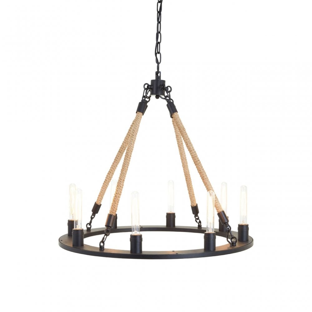 Townhouse 8 Bulb Chandelier, Iron, Linen Rope, Black