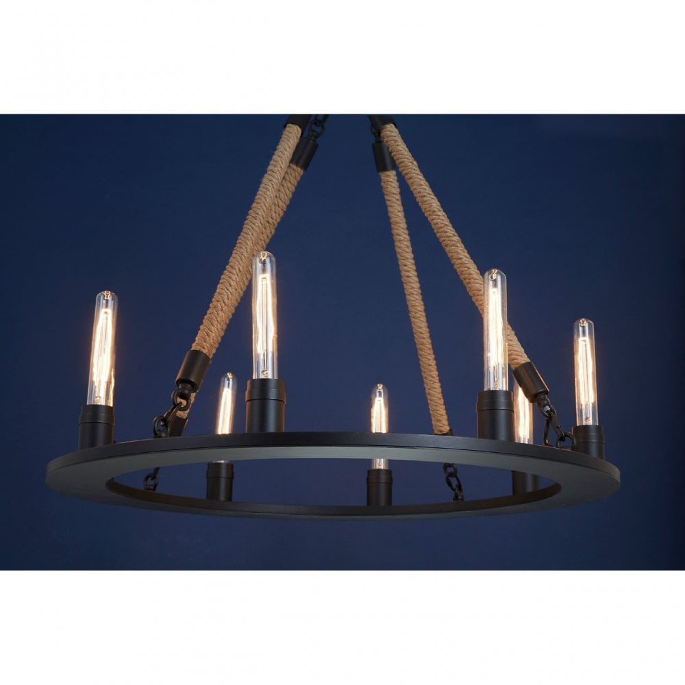 Townhouse 8 Bulb Chandelier, Iron, Linen Rope, Black