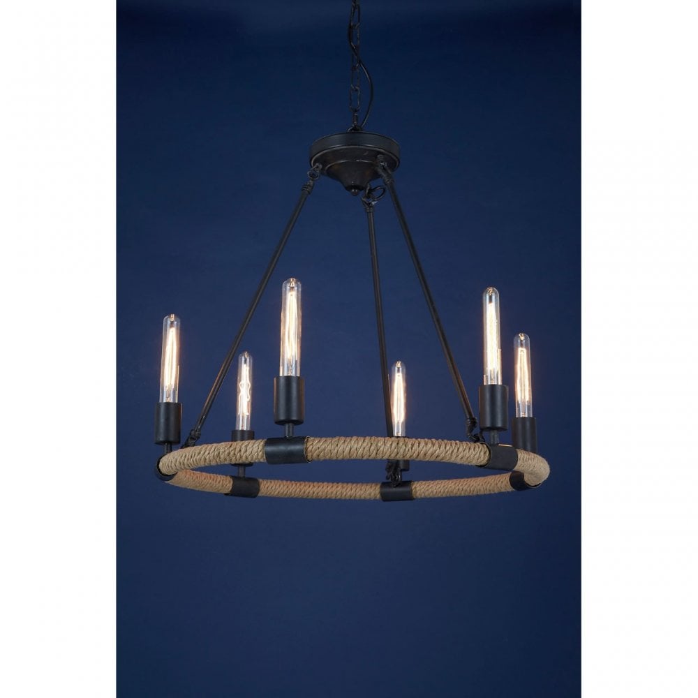 Townhouse 6 Bulb Chandelier, Iron, Linen Rope, Black