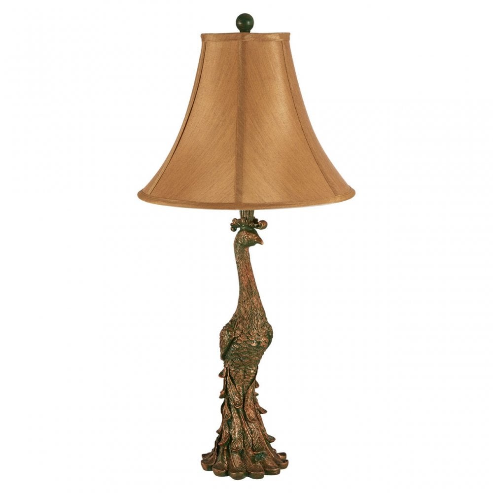 Peacock Table Lamp, Polystone, Silk, Bronze