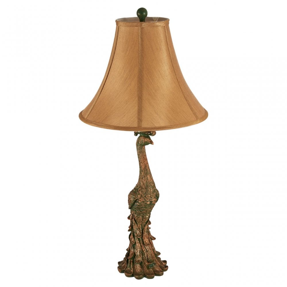 Peacock Table Lamp, Polystone, Silk, Bronze