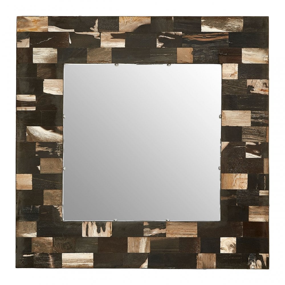 Artefacto Square Petrified Wood Wall Mirror, Mirrored Glass, Petrified Wood, Brass