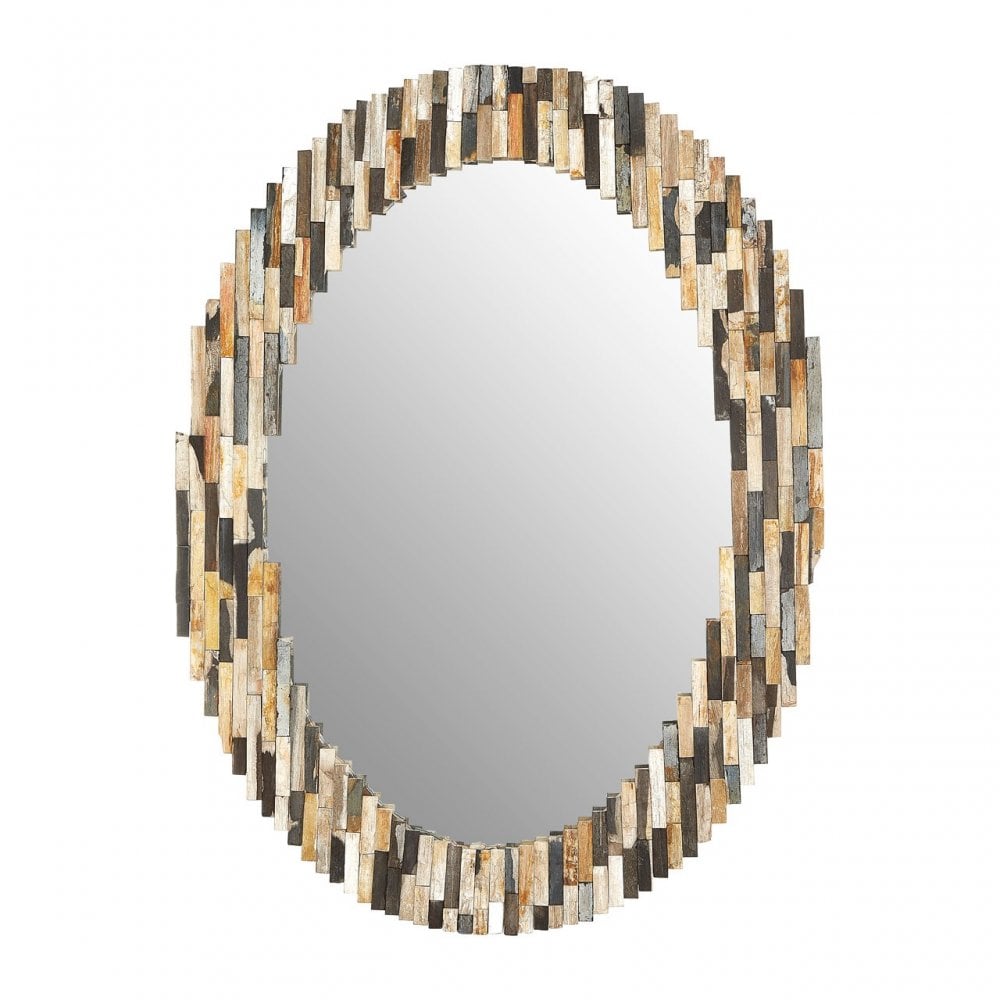 Artefacto Multi Tile Oval Wall Mirror, Mirrored Glass, Petrified Wood, Brass