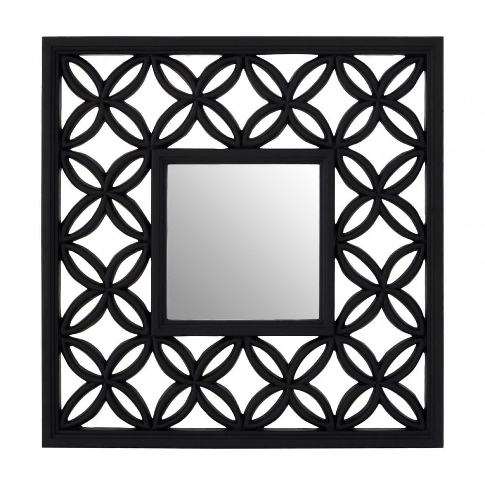 Square Black Lattice Frame Wall Mirror, Mirrored Glass, Black