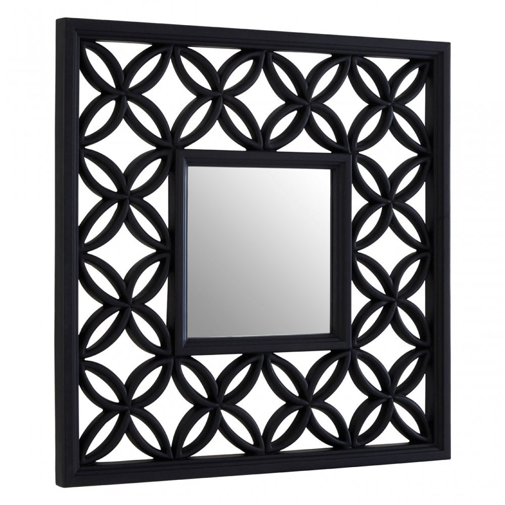 Square Black Lattice Frame Wall Mirror, Mirrored Glass, Black