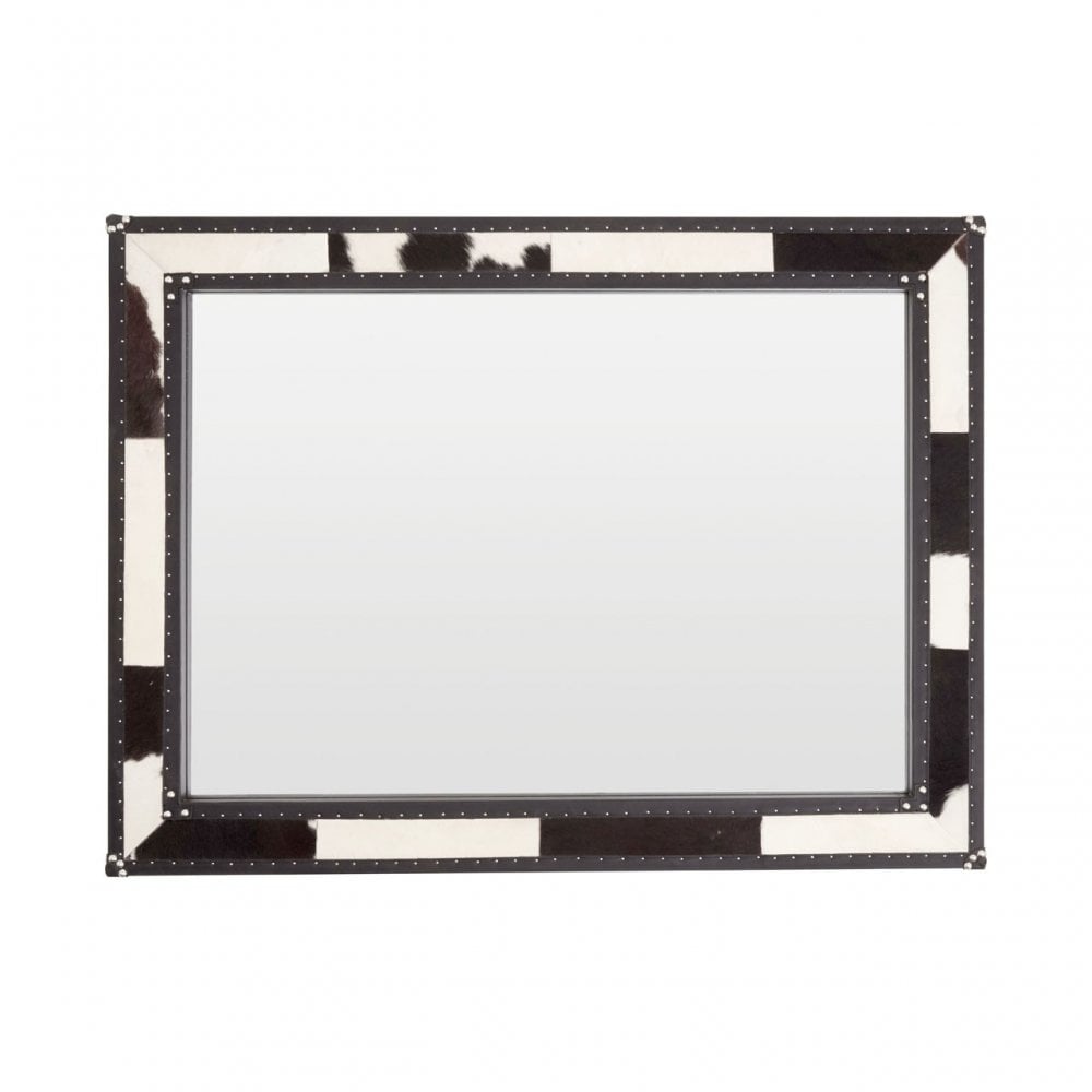 Black/White Genuine Cowhide Wall Mirror, Cowhide, Mirrored Glass, Stainless Steel, Black