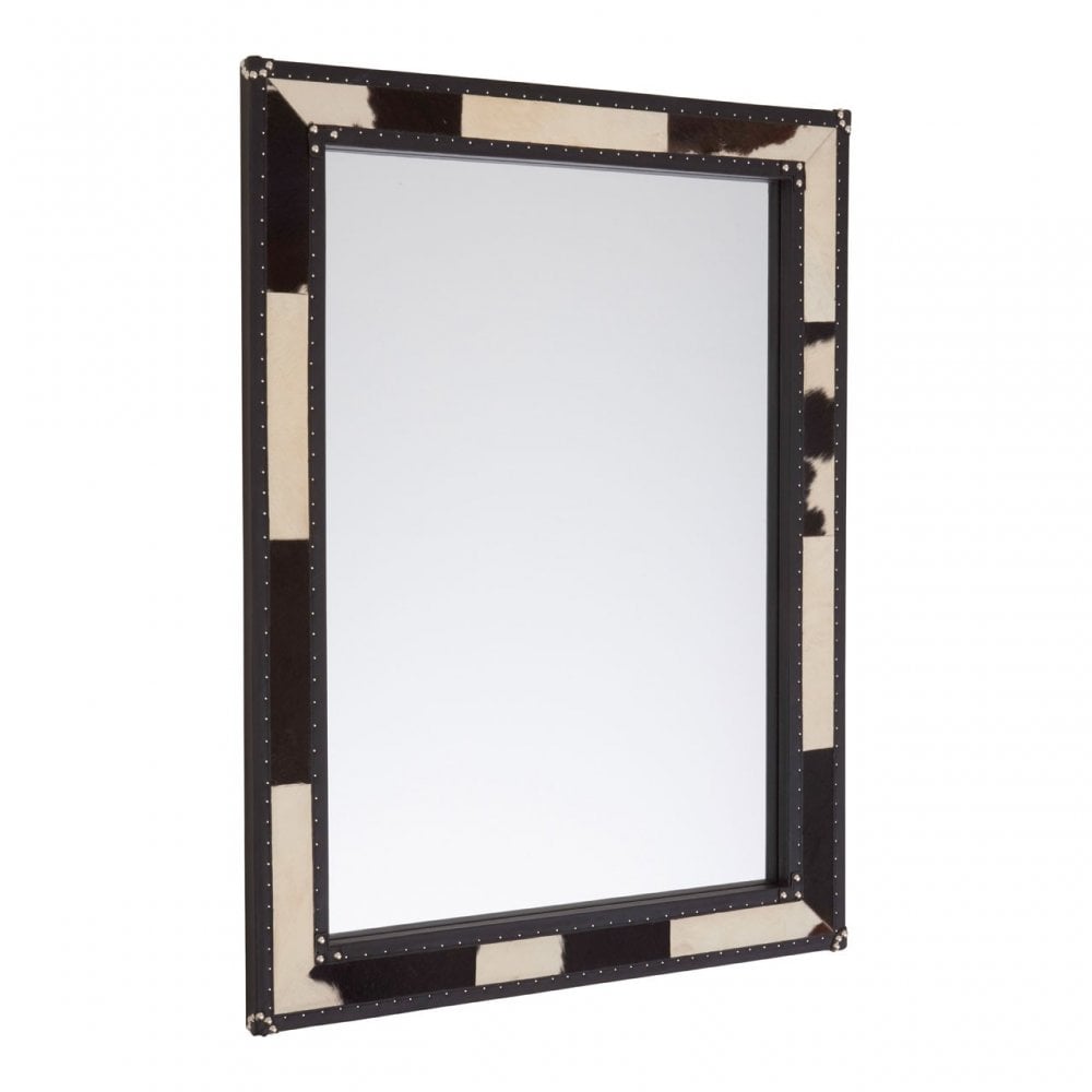 Black/White Genuine Cowhide Wall Mirror, Cowhide, Mirrored Glass, Stainless Steel, Black