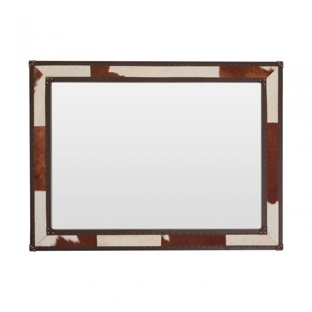 Brown/White Genuine Cowhide Wall Mirror, Cowhide, Mirrored Glass, Stainless Steel, Brown