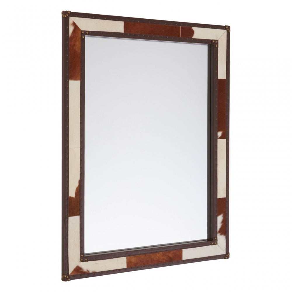 Brown/White Genuine Cowhide Wall Mirror, Cowhide, Mirrored Glass, Stainless Steel, Brown