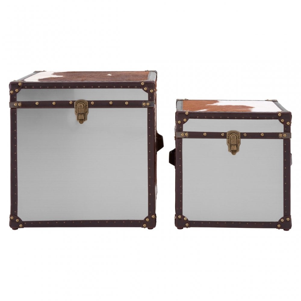 Brown / White Genuine Cowhide Storage Trunk Set, Cowhide, Stainless Steel, Brown