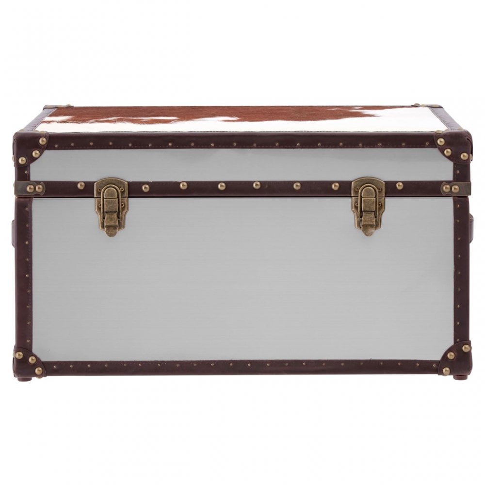 Brown / White Genuine Cowhide Storage Trunk, Cowhide, Stainless Steel, Brown