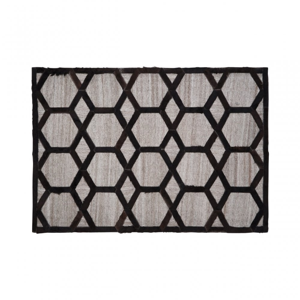 Safira Small Black Patchwork Rug, Leather, Viscose, Wool, Grey