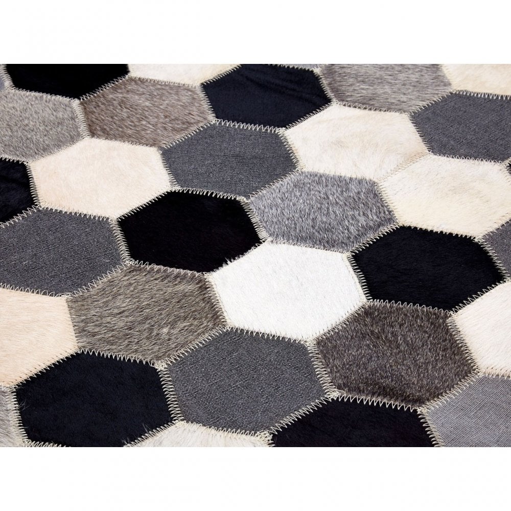 Safira Large Black / White / Grey Patchwork Rug, Genuine Leather, Wool, Black