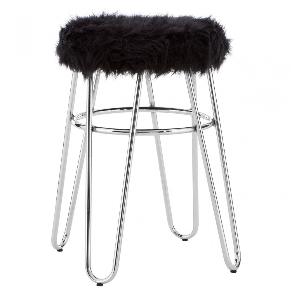 District Black Faux Fur Stool Black