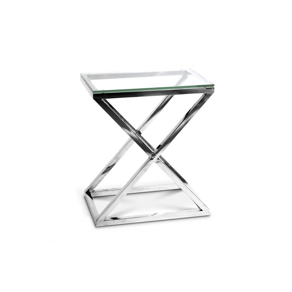 Side Table Criss Cross High, Polished Stainless Steel, Clear Glass