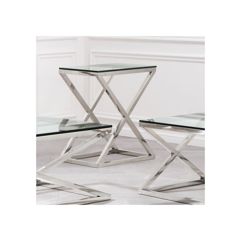 Side Table Criss Cross High, Polished Stainless Steel, Clear Glass