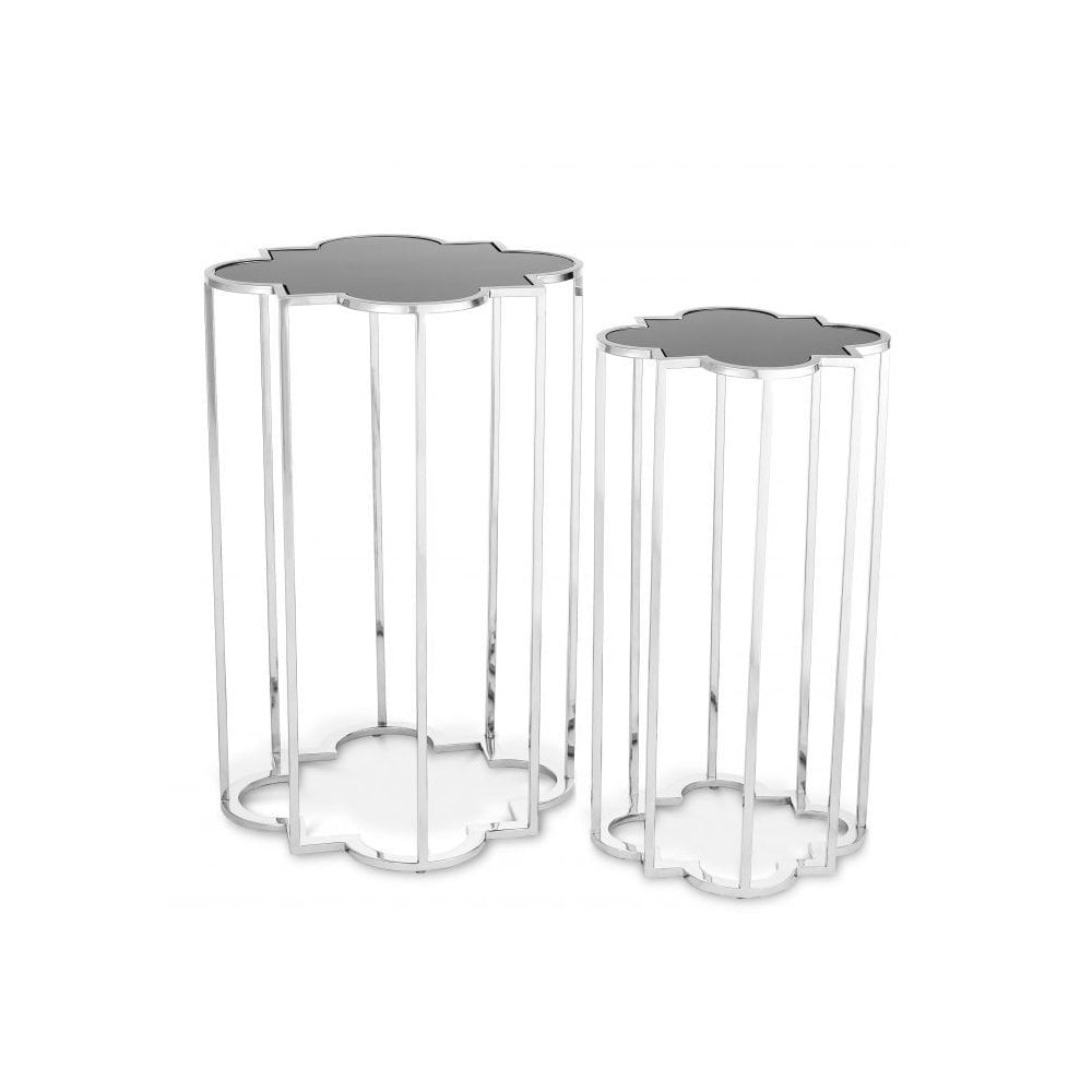 Side Table Concentric set of 2, Polished Stainless Steel, Black Glass